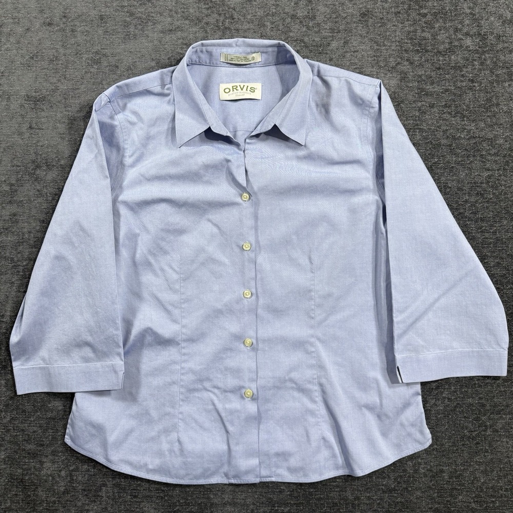 Orvis Womens Wrinkle Free Button Down Shirt Blue 3/4 Sleeve Size 12 100% Cotton